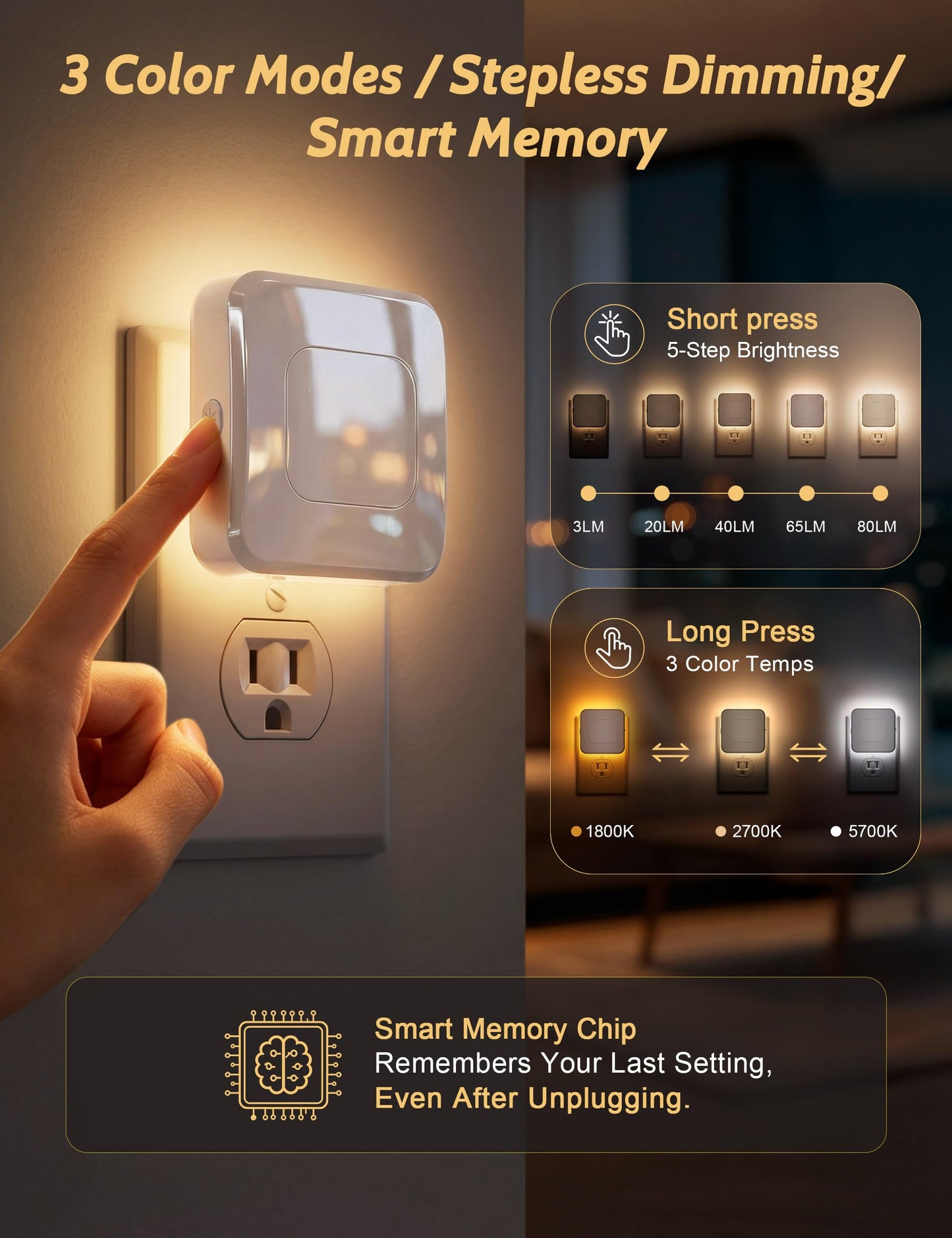 Sujeet Plug-in LED Night Light with Motion Sensor & Dusk to Dawn, 3 Color Temperatures (1800K/2700K/5700K), 5 Preset Brightness Levels, Backlit Design, 1-80LM Dimmable for Kids Bedroom, Hallway 4 Pack