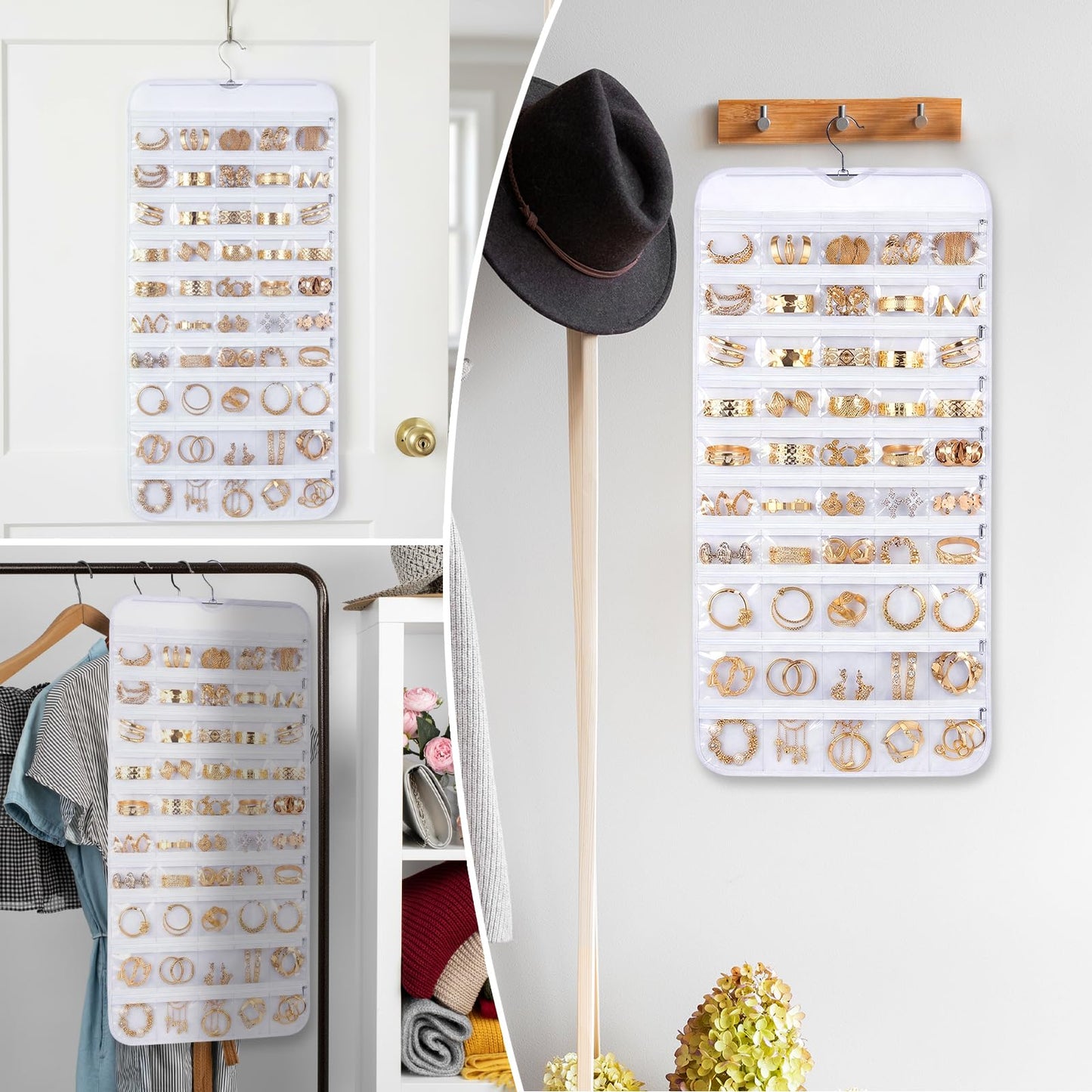 Xosjska 2 Pack Hanging Jewelry Organizer 80 Zippered Pockets 80-Pocket Dual-sided Jewelry Storage for Necklace Bracelet Earring RingsTravel Holder - White