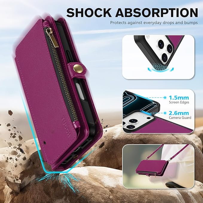 TUCCH Crossbody Detachable Wallet Case for iPhone 17 Pro 6.3" 2025, 9 Card Holders RFID Blocking, Wireless Charging, Stand, Wrist Strap Lanyard, Zipper Pocket, PU Leather Shockproof Cover, Plum Purple