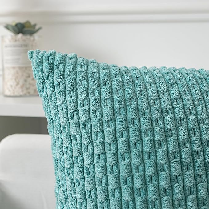 Kevin Textile Throw Pillow Covers Soft Corduroy Decorative Set of 2 Boho Striped Pillow Covers Pillowcases Farmhouse Home Decor for Couch Bed Sofa Living Room 18x18 Inch Aqua Green