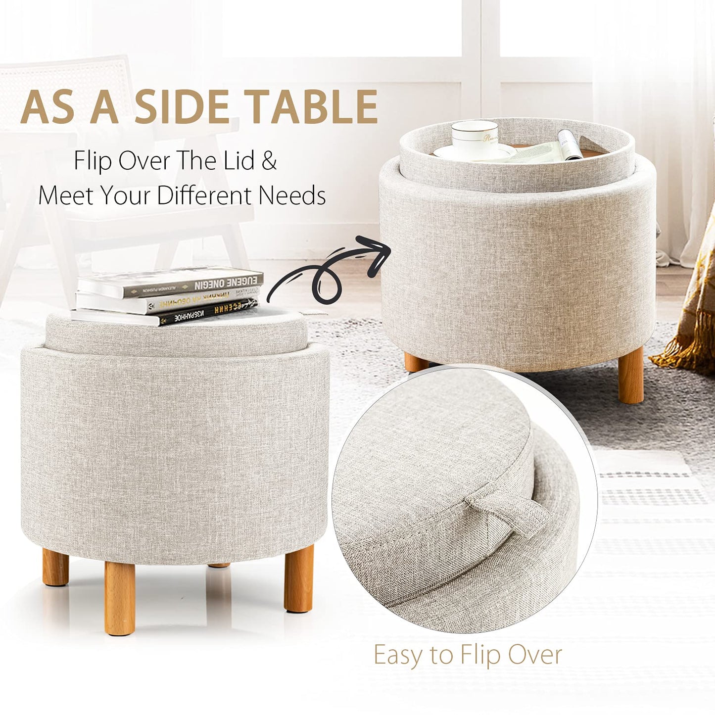 Giantex Round Storage Ottoman with Tray Lid, Accent Storage Footstool w/Soft Padding, Fabric Sitting Stool w/Solid Wood Legs & Non-Slip Pads, Tray Top Coffee Table for Living Room, Bedroom (Beige)