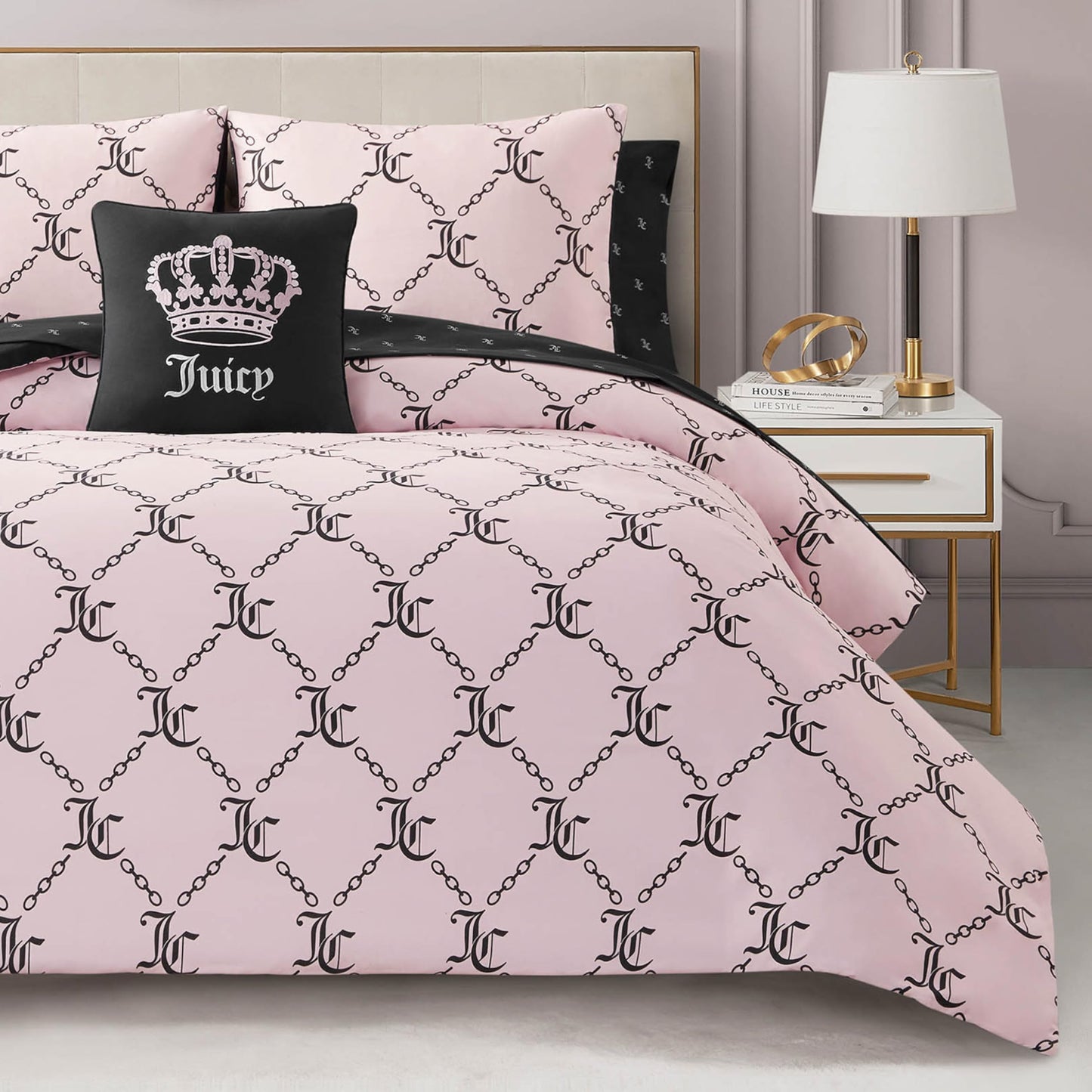 Juicy Couture Light Pink/Black Link Logo Printed Comforter Set, Full – Complete 8-Piece Bed in a Bag Collection