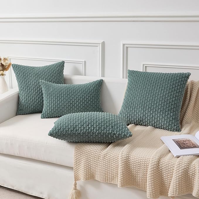 Kevin Textile Decorative Pillow Covers Set of 2 Striped Plush Corduroy Pillows Pillowcases Boho Home Decor Cushion Covers for Couch Sofa Bed Living Room 26x26 Inch, Teal Green