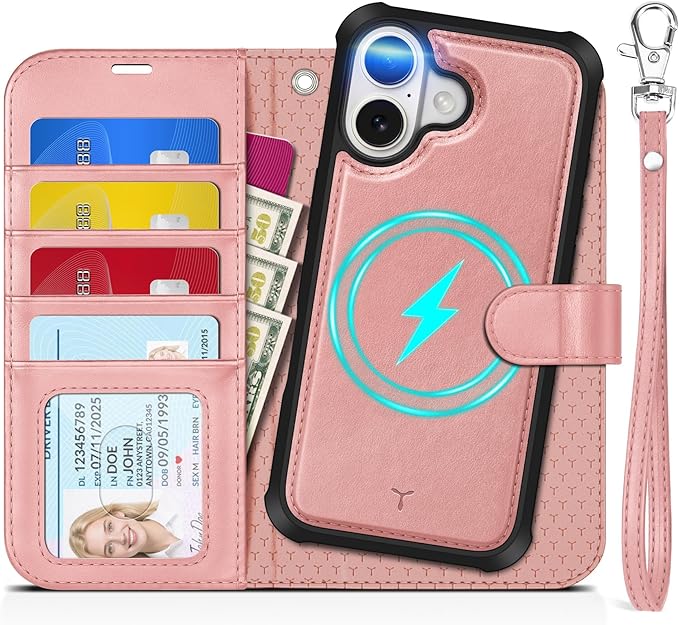 TUCCH 2-in-1 Detachable Wallet Case for iPhone 17 (6.3-inch) 2025, RFID Blocking 4 Card Slots, Wireless Charging, Wrist Strap, Kickstand, Magnetic, PU Leather, Protective Flip Cover, Rose Gold