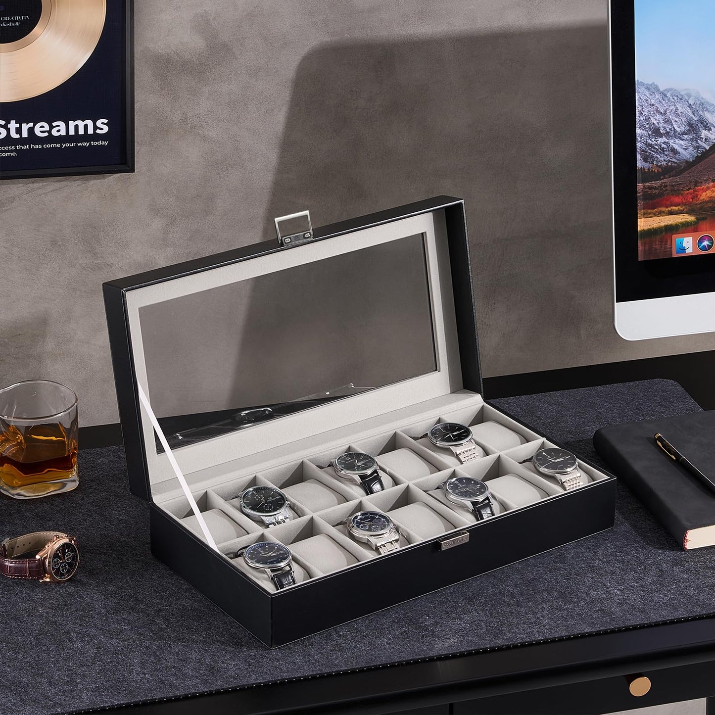 ProCase Watch Case for Men, 14 Slot Mens Watch Box Holder Organizer with Glass Lid, Watch Display Case, Fathers Day Gift for Dad Husband, Birthday Valentine Gifts for Men Women -14 Slot, Black
