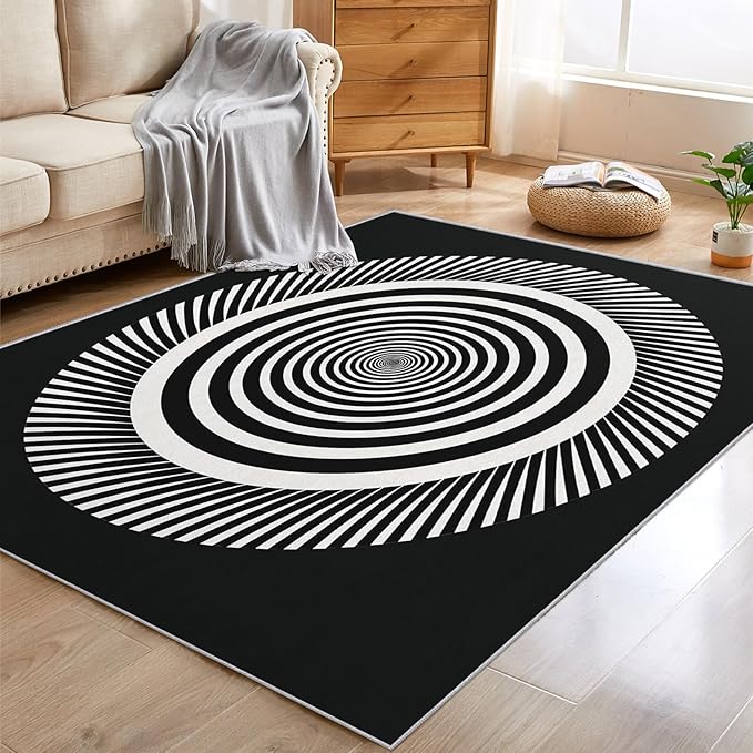 Black and White Circle Rugs for Home Decor, 6x9 ft, Abstract Op Art Area Rugs for Living Room, Soft Non Slip Washable Modern Geometric Carpet Bedroom Decorations Dt-Ghf-31