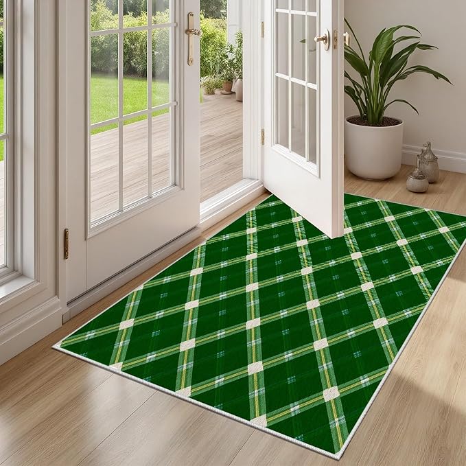 Plaid Rug - 6x8 Rug for Living Room, Geometric Stripes Soft Neutral Indoor Floor Carpet, Non-Slip Stain Resistant Modern Washable Rugs for Bedroom, Green Area Rugs