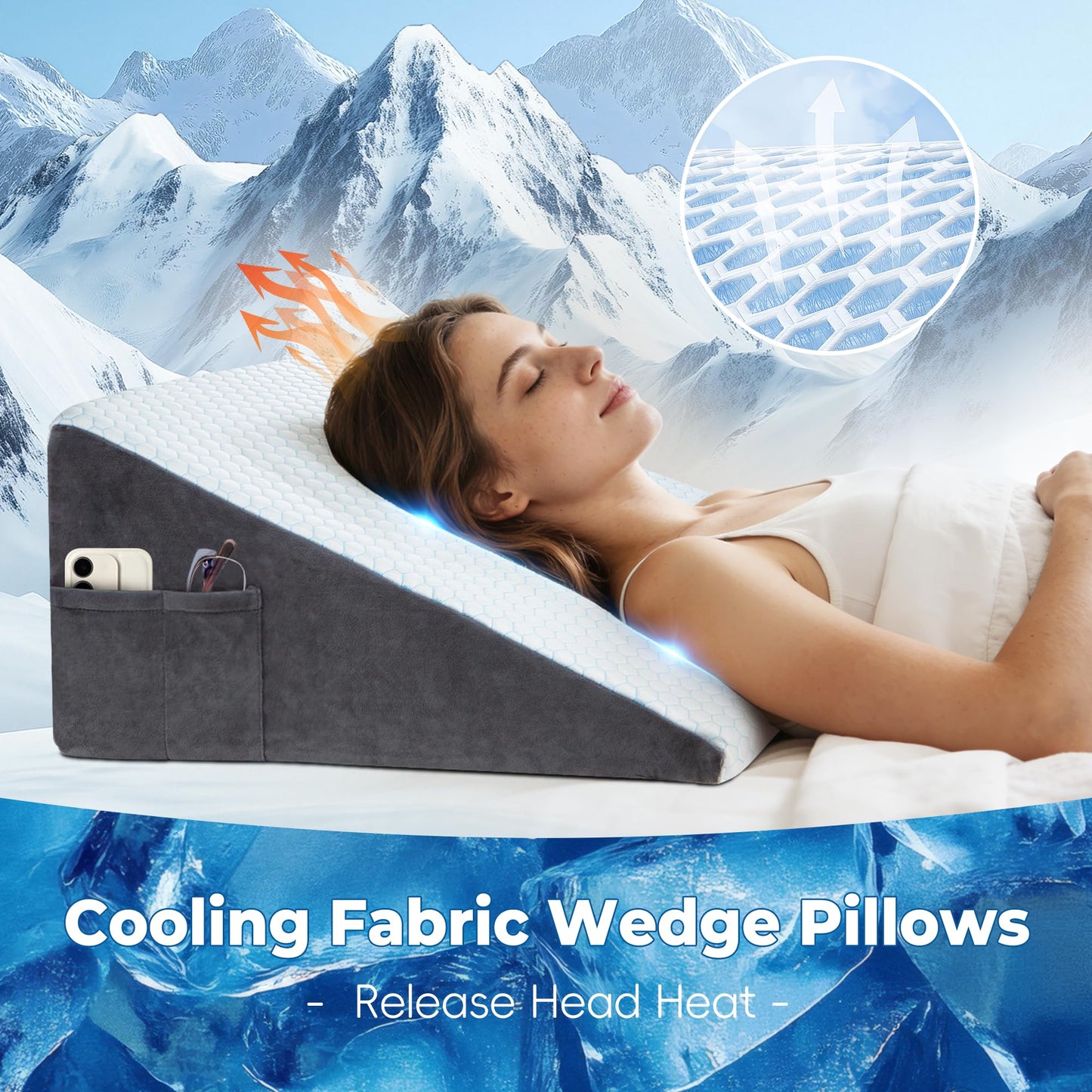 WOLKI Cooling Wedge Pillow for Sleeping - 12 Inch Bed Wedge Pillows for Acid Reflux Relief, After Surgery, Snoring Aid - Bed Wedge Pillow for Headboard - Elevated Triangle Pillow for Back, Leg Support