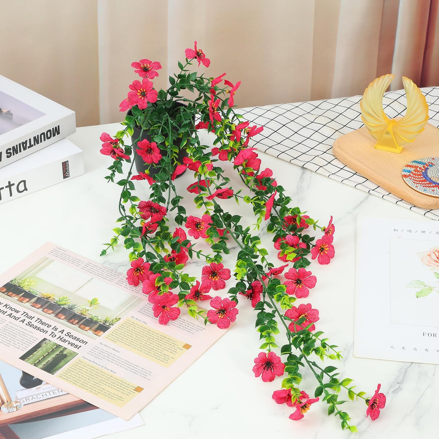 FAVOWREATH Fake Plants Hanging Artificial Potted Faux Eucalyptus Plants and Flowers for Modern Boho Farmhouse Bathroom Office Desk Wall Book Shelf Living Room Aesthetic Decor Indoor (Rose Red)