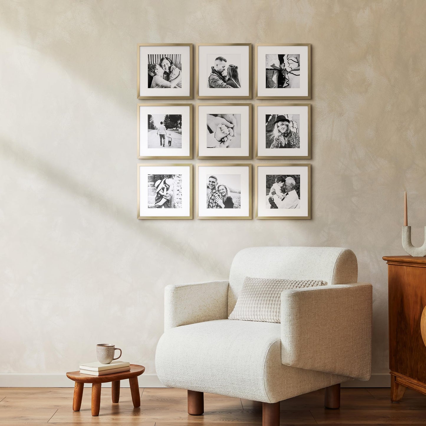 ArtbyHannah Square Gold Picture Frame, Wood Gallery Wall Frame Set Display Pictures 8x8 inch with Mat or 10x10 inch Without Mat, Wall Photo Collage Frame for Living Room Staircase Decoration (9 Pack)