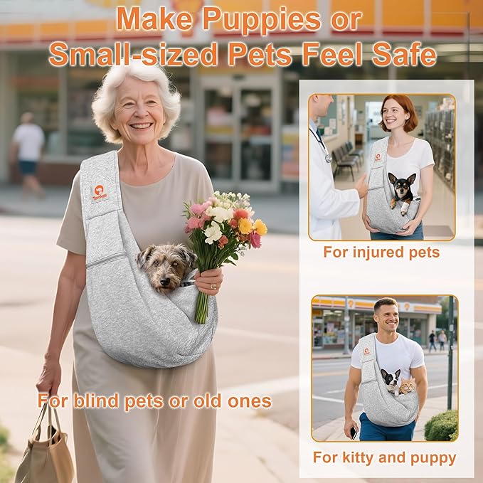 Tomkas Small Dog Sling Carrier - Zipper Pocket & Adjustable Strap - for 3-10 lbs Pets(Grey)