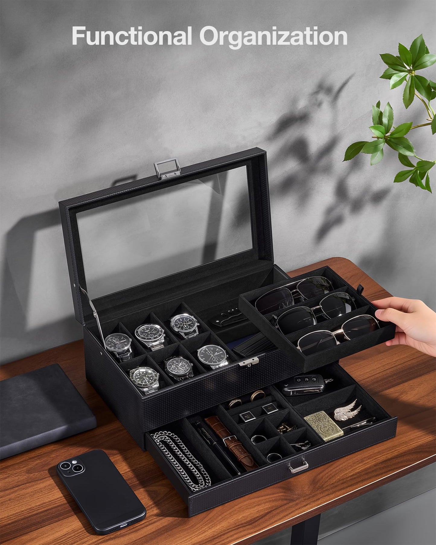 ProCase Mens Jewelry Box, Lockable 6 Slot Watch Case & 3 Slot Sunglasses Organizer, 2-layer Mens Jewelry Organizer Watch Box for Men, Watches Holder Display Storage, Fathers Day Gift -AllBlack
