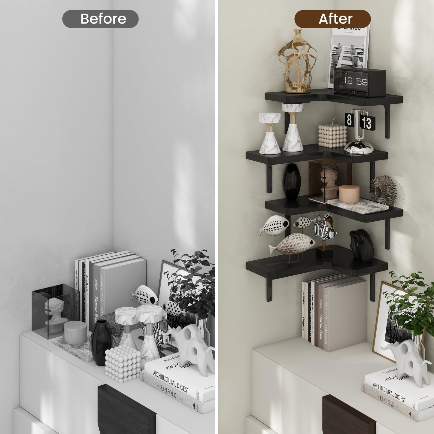 Venusmiles Corner Floating Shelves Set of 4, Wall Mounted L-Shaped Storage - Maximize Unused Corner Space in Bathroom, Kitchen, Bedroom, Office, Jet Black