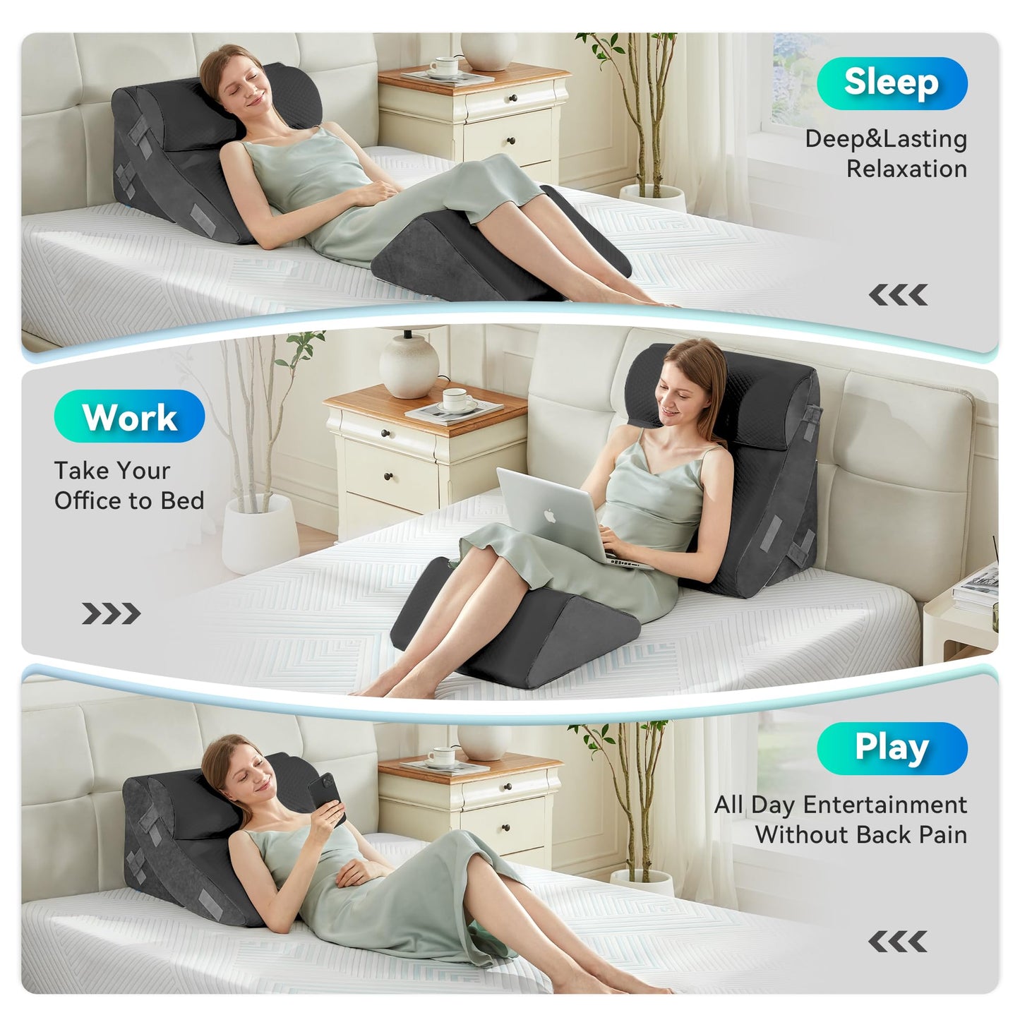 BDEUS 4PCS Bed Wedge Pillow Post Surgery, Orthopedic Sleeping Wedge Pillow Set for Back, Neck and Leg Pain Relief, Acid Reflux, GERD, Memory Foam Support Pillows for After Surgery, Grey