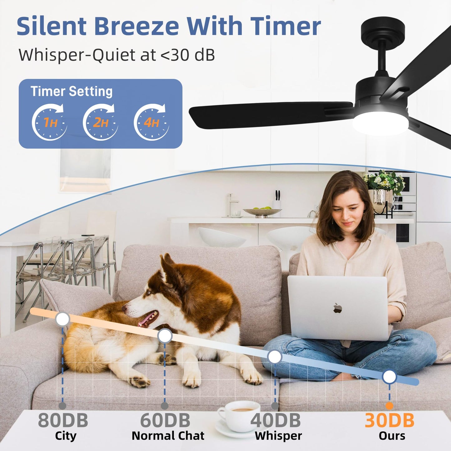 hykolity 52 Inch Ceiling Fan with Light and Remote Control, 3CCT Dimmable LED Light, Downrod & Flush Mount, Quiet DC Motor, Modern Black Ceiling Fans for Bedroom Living Room Indoor