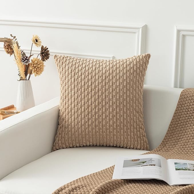 Kevin Textile Pack of 2 Tan Corduroy Decorative Throw Pillow Covers 24x24 Inch Soft Boho Striped Pillow Covers Modern Farmhouse Home Decor for Autumn Sofa Living Room Couch Bed