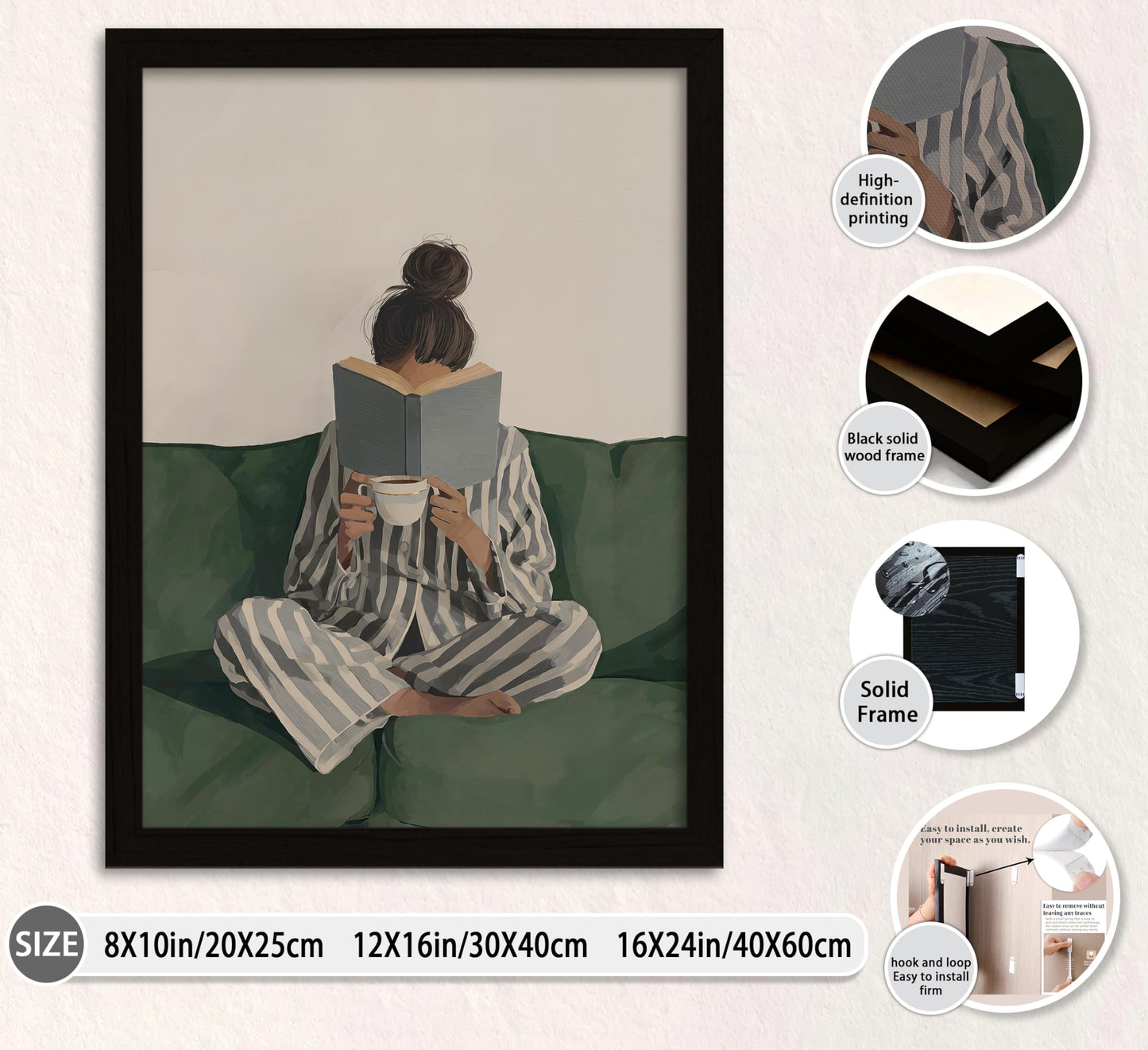 Framed Trendy Women Reading Book Wall Art Quiet Moment on The Sofa Art Prints Green Striped Painting Picture Modern Women's Minimalist Pictures Artwork for Living Room Bedroom Home office Wall Decor