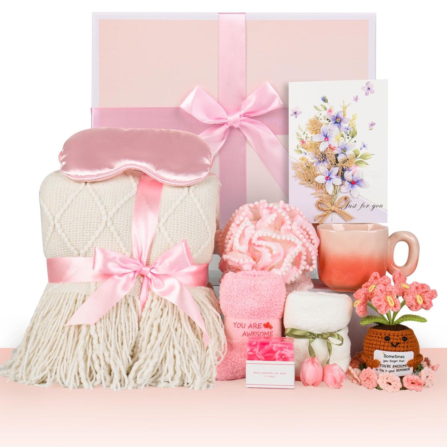 Kovtesiu Birthday Gifts for Women, Knitted Tassel Throw Blanket Pink Gift Basket with Handmade Crocheted Potted Plants and Flower Coasters, Inspirational for Mom Her Wife Friend Grandma