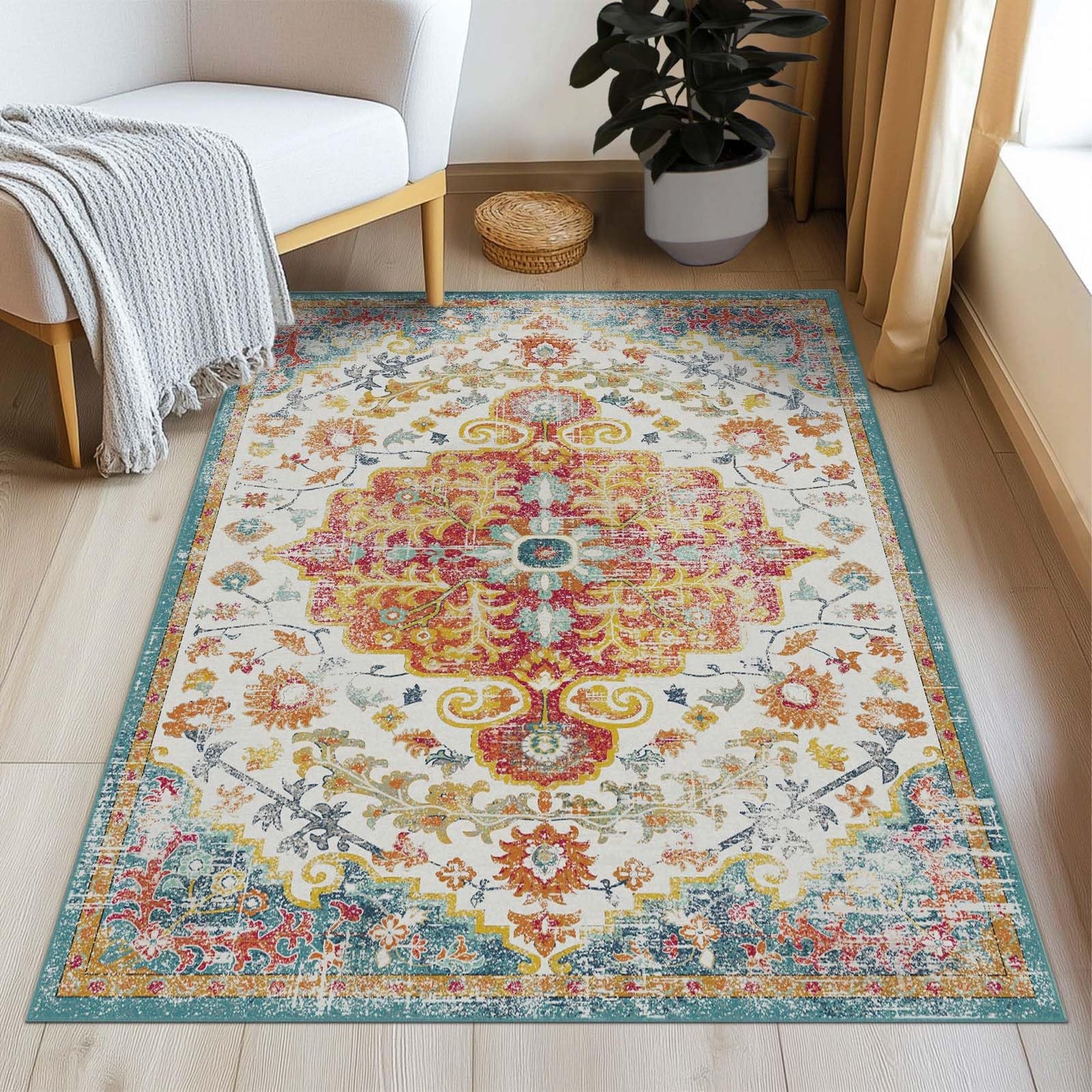 LOOMY Living Room Rug 5x7 Rug Machine Washable Boho Area Rug Non Slip Floral Vintage Low Pile Large Rugs for Living Room, Bedroom, Farmhouse, Dining Room, Kids Playroom