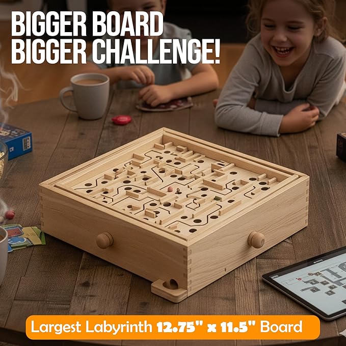 Sterling Games Wooden Labyrinth with 3 Swappable Boards – Classic Maze Game with 60, 36, and 25 Waypoints – Wooden Tilt Puzzle with Knob Control and 3 Steel Marbles for Kids Age 6+
