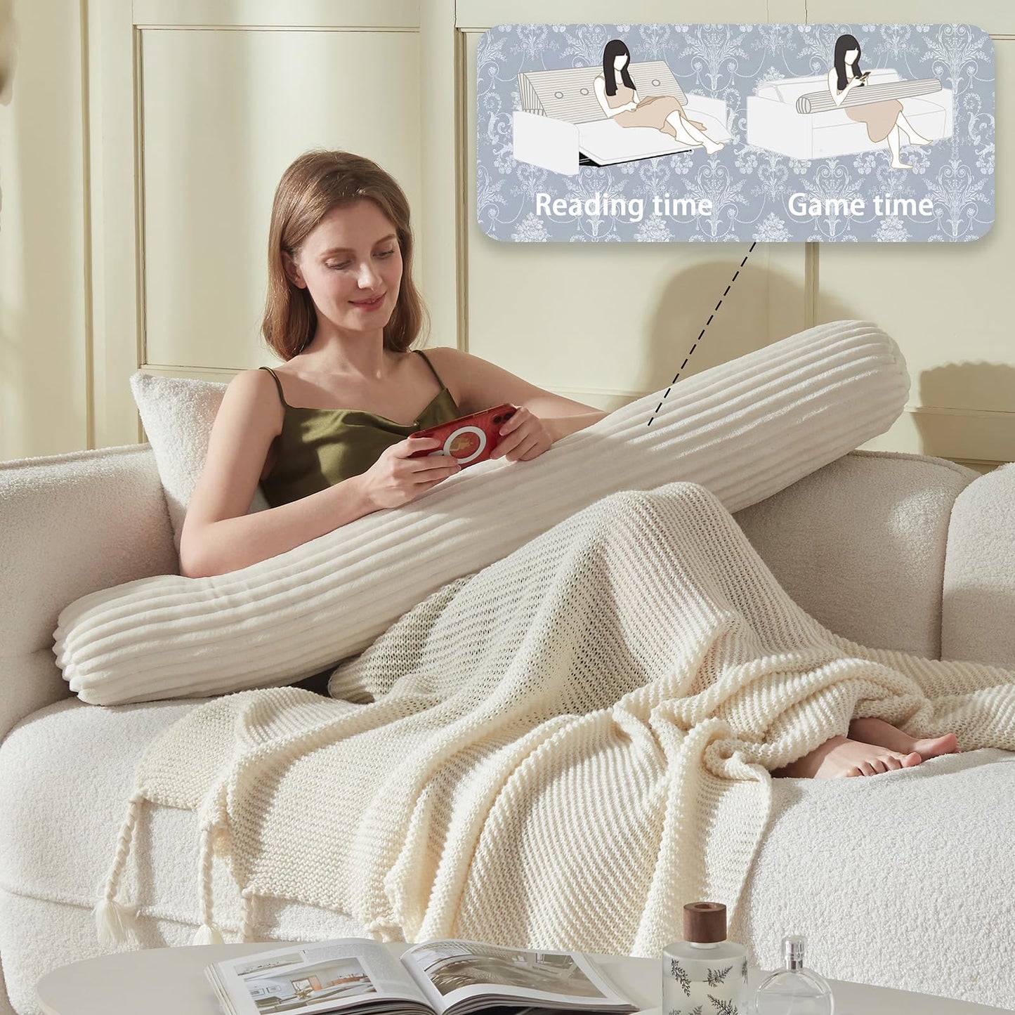 AmyWtb Headboard Wedge Pillow + A Long Neck Roll Pillow Body Pillow，Large Headboard Pillow with Removable Cover (Beige, King：76x8x20 inches)