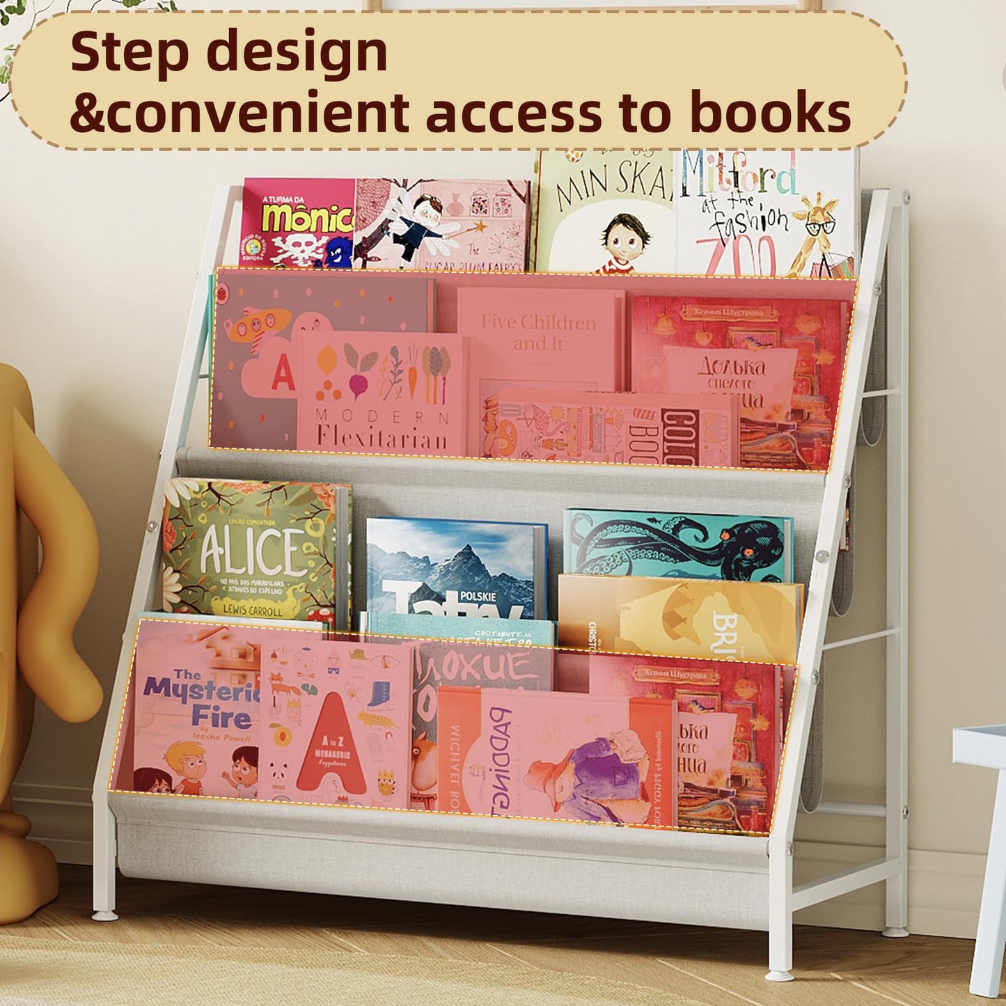 Aokitsink 4-Tier Kids Bookshelf, Book Shelf for Kids Rooms,Book Rack for Kid with Four Deep Pockets,Nursery Bookshelves for Kid' Playroom, Toddler Bookshelf as a Children's Gift