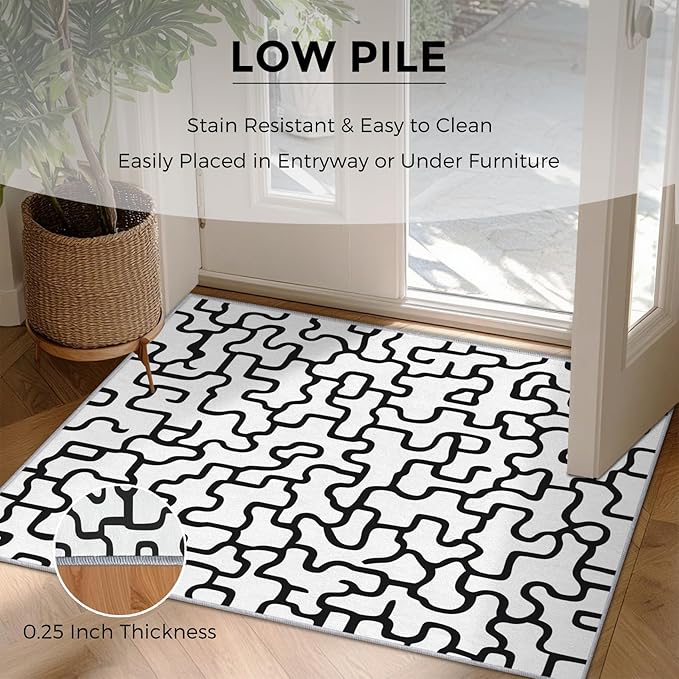 Abstract Geometric Rugs for Home Decor, 5x8 ft, Black and White Labyrinth Area Rugs for Living Room, Soft Non Slip Washable Modern Abstract Line Carpet Bedroom Decorations Dt-Ghf-31