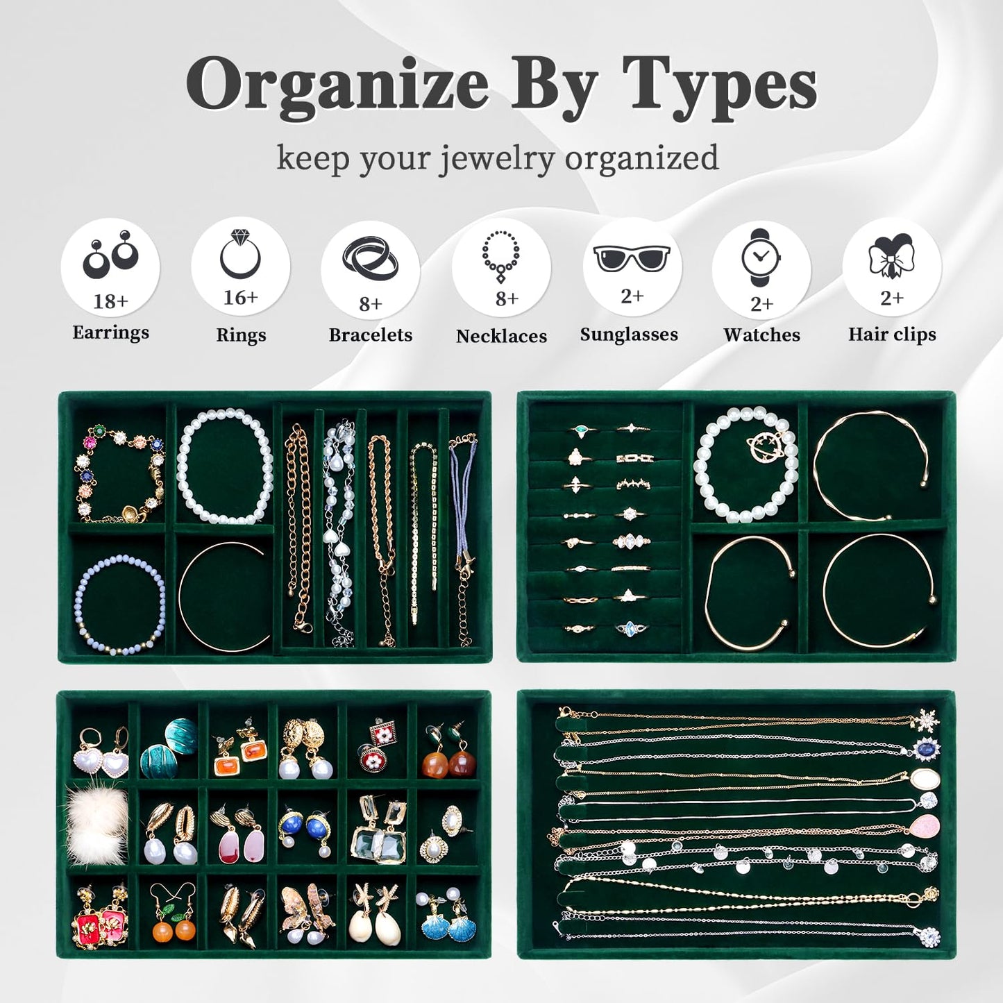 LISRUGEN Jewelry Drawer Organizer, Velvet Tray for Earring Necklace Storage, Stackable Inserts for Women, Green