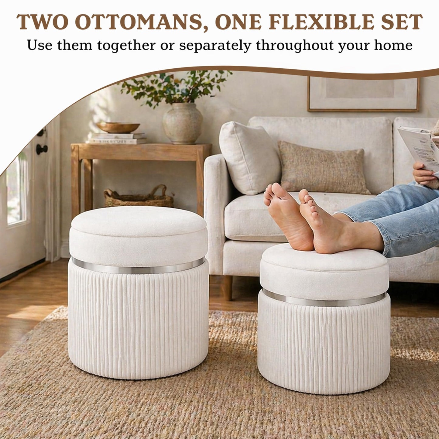 Round Storage Ottoman Set of 2 - White Ottoman with Storage for Living Room - Velvet Vanity Stool and Footrest - Round Nesting Ottoman Stools for Bedroom Makeup Area - Hidden Storage