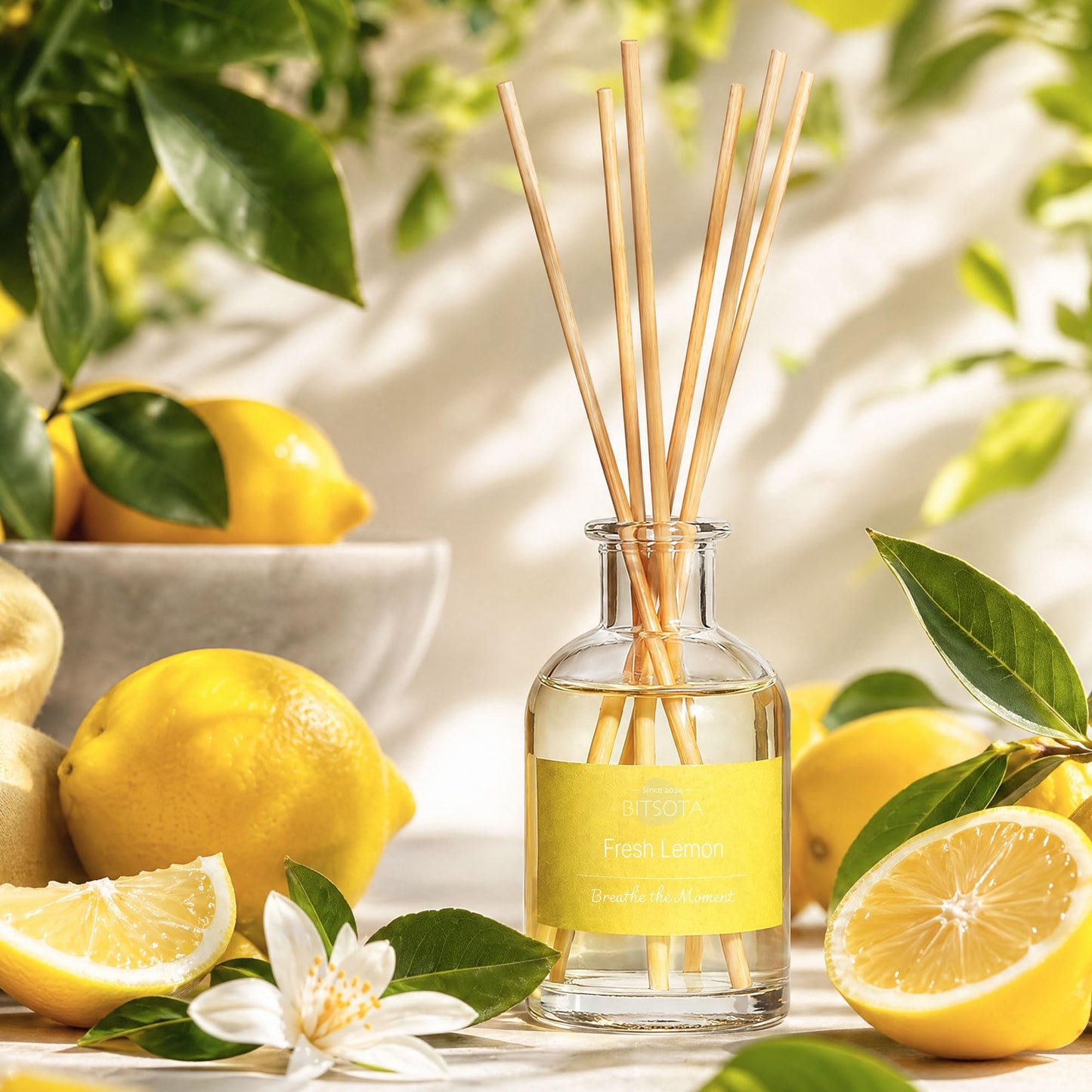 BITSOTA Natural Reed Diffuser Set, Fresh Lemon 3.52 oz (100ml) Scented Diffuser with Sticks Home Fragrance Reed Diffuser for Bathroom Shelf Decor, Ideal Gift for Woman