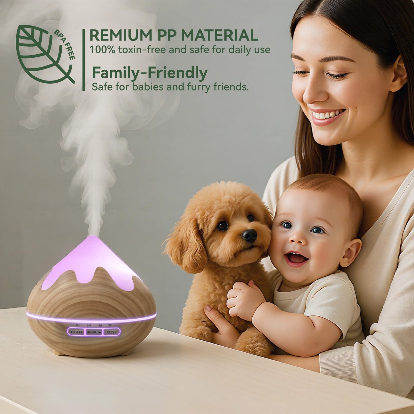 GLOXA 500ML Essential Oil Diffuser, Aromatherapy Diffuser with Remote Control, Multifunctional Air Diffusers for Home Office Room, Fragrance Aroma Diffuser with 7 Color LED & 2 Mist Mode, Brown