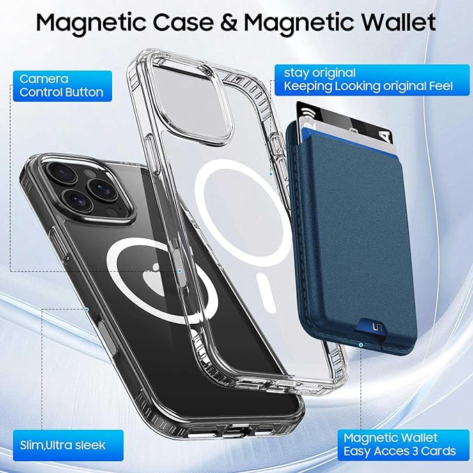 Ntwinro Magnetic for iPhone 16 Pro Clear Case (Compatible with MagSafe) with Blue Detachable Wallet & Card Holder for 3 Cards [RFID Blocking] Military Grade Protective Slim Phone Cover