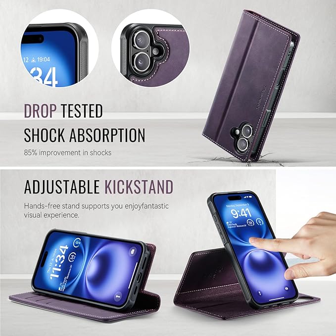 PlusnapX Wallet Case for iPhone 17 Compatible with Magsafe, 2-in-1 PU Leather Flip RFID Blocking Card Holder Stand Shockproof Magnetic Detachable Cover for iPhone 17 Case 6.3", Retro Purple