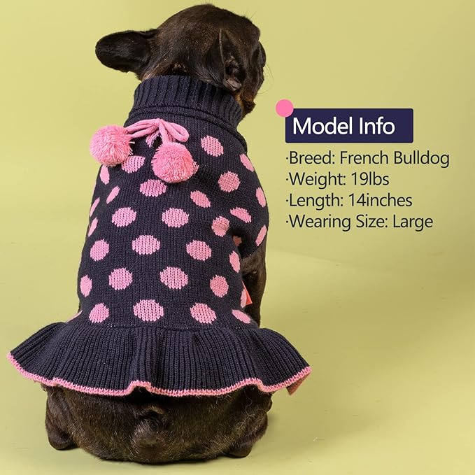 KYEESE Dog Sweaters with Leash Hole Small for Girl Dog Sweater Dress Polka Dot Knit Warm Dogs Clothes with Pom Pom Ball, XS