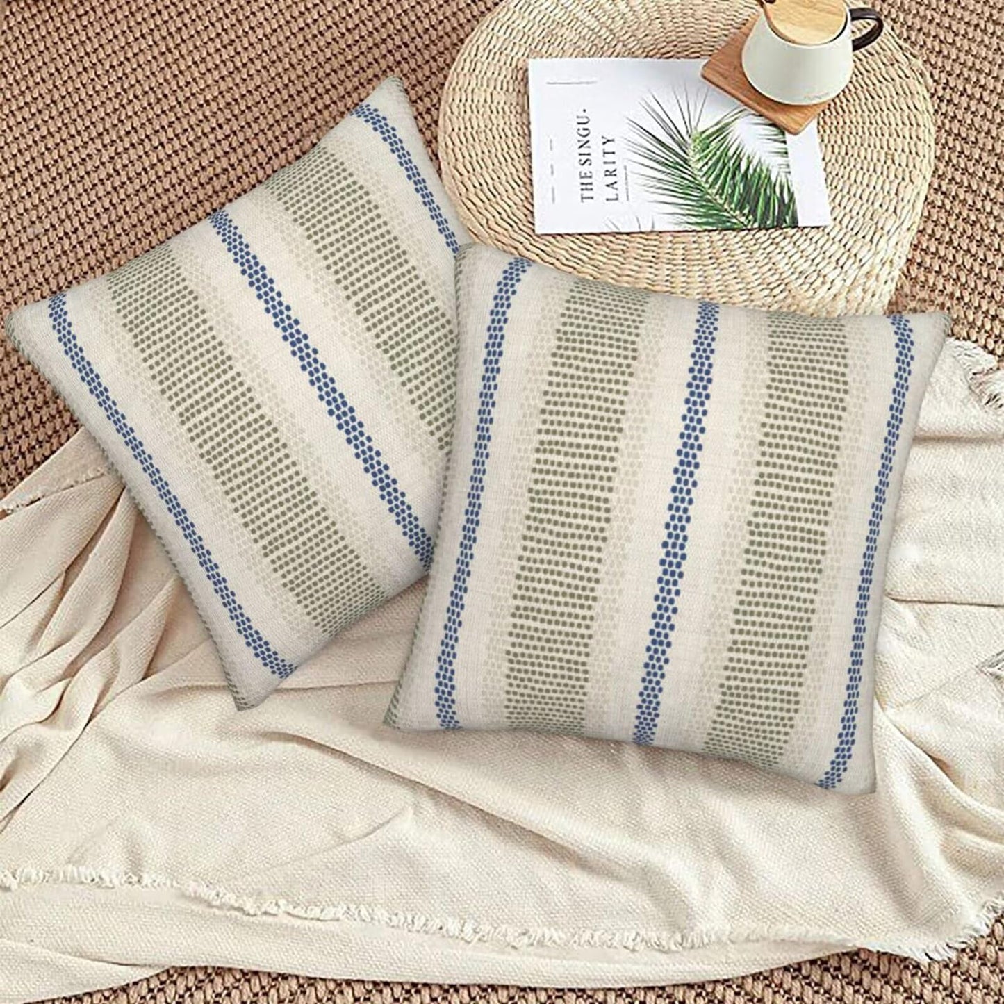 Sunshineyan Sage Green Blue Pillow Covers 18 x 18 Inch Set of 2 Boho Polka Dot Striped Decorative Outdoor Throw Pillow Covers Linen Farmhouse Modern Pillowcase for Home Sofa Couch Decor