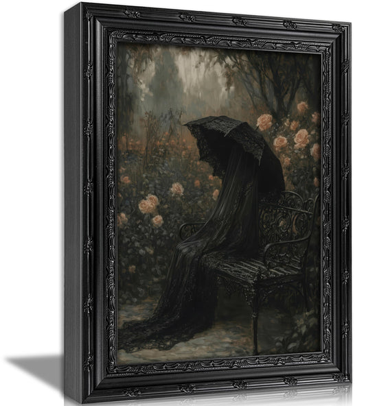 Vintage Black Framed Gothic Wall Art,Dark Academia Woman with Umbrella Canvas Print,Victorian Veiled Woman Wall Decor,Witchy & Rose Artwrok Picture For Bedroom Living Room Library Halloween Room Decor