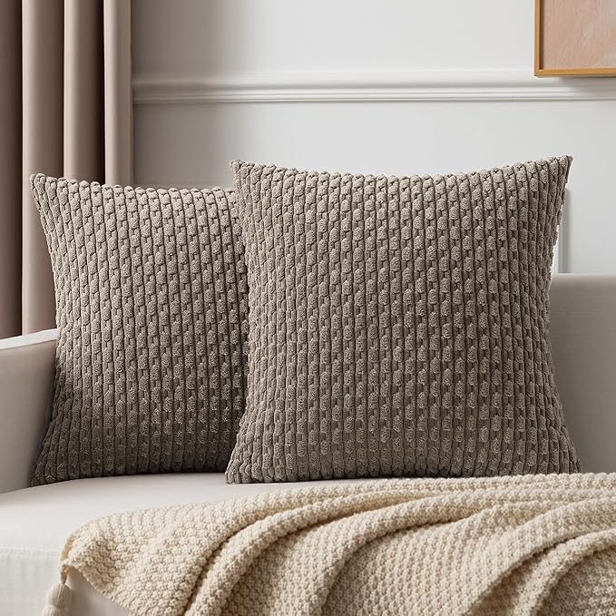 Kevin Textile Throw Pillow Covers Soft Corduroy Decorative Set of 2 Boho Striped Pillow Covers Pillowcases Farmhouse Home Decor for Couch Bed Sofa Living Room 24x24 Inch Light Brown