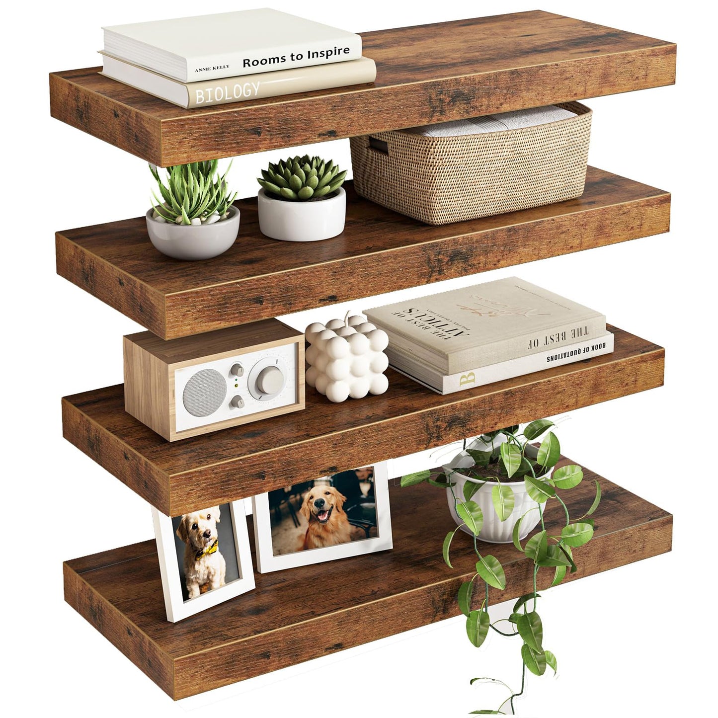Fixwal Wood Floating Shelves, Wall Shelves Set of 4, Shelves for Wall Decor, with Invisible Brackets for Bathroom, Living Room,Bedroom and Kitchen(15.7in, Rustic Brown)