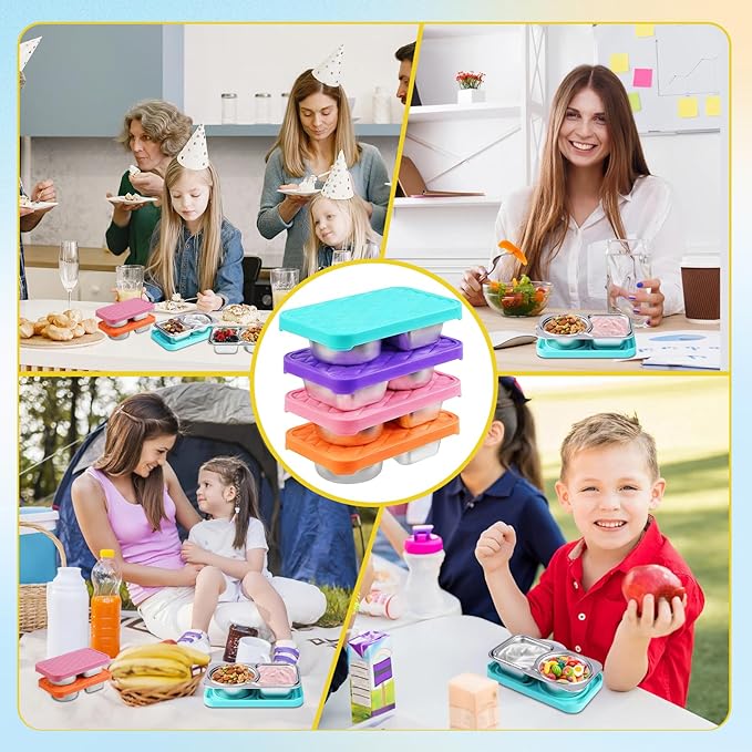 LVQVEV 2 Pack Stainless Steel Snack Containers, 2 Compartment Snack Container with Silicone Lids, Easy Open Leak Proof Reusable Metal Toddler Snack Containers for Daycare (Orange, pink)