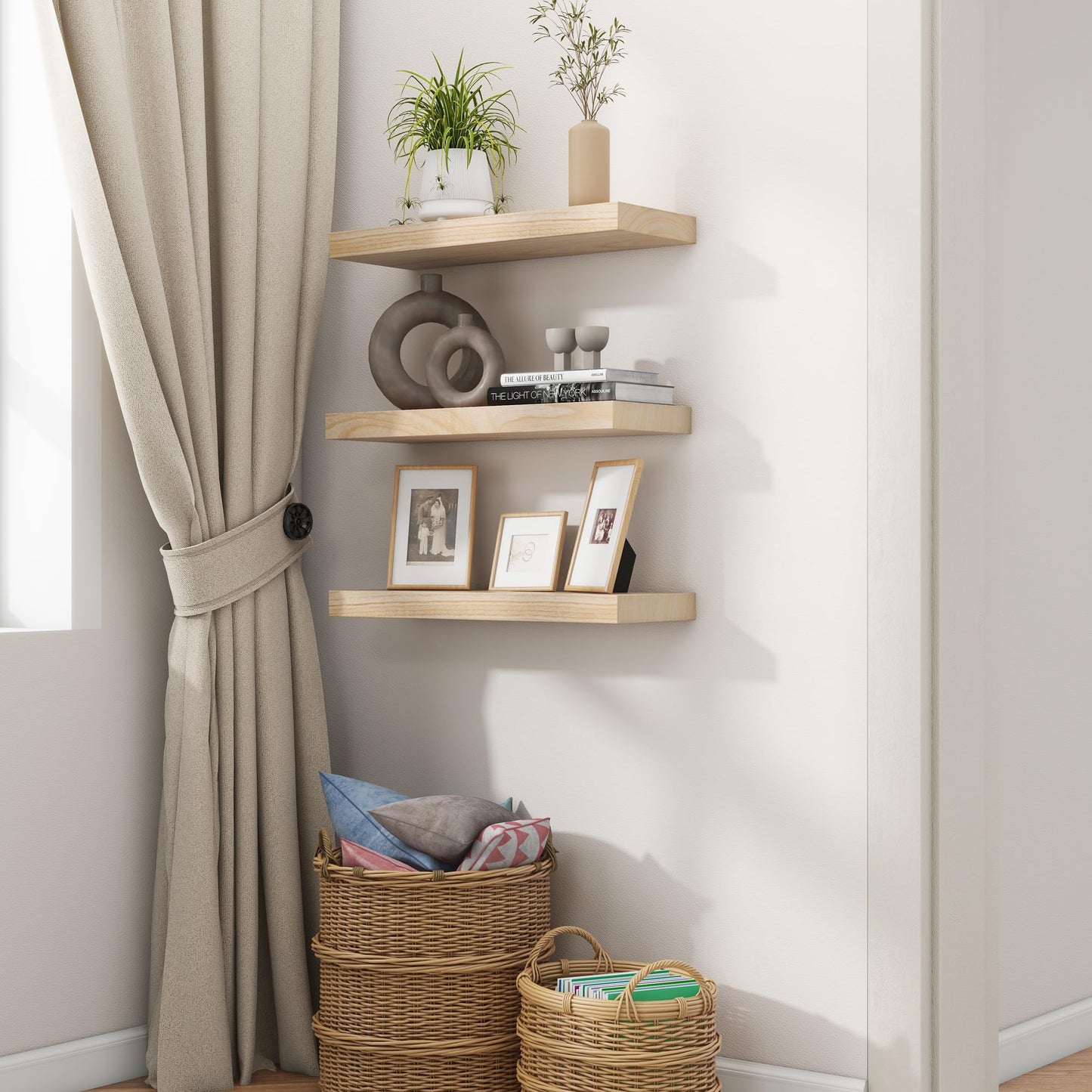 fuqing Natural Wood Floating Shelves - Wood Floating Shelves for Wall Set of 3-17 Inch Wide x 6.7 Inch Deep Natural Wooden Shelves for Living Room Bedroom Home Office