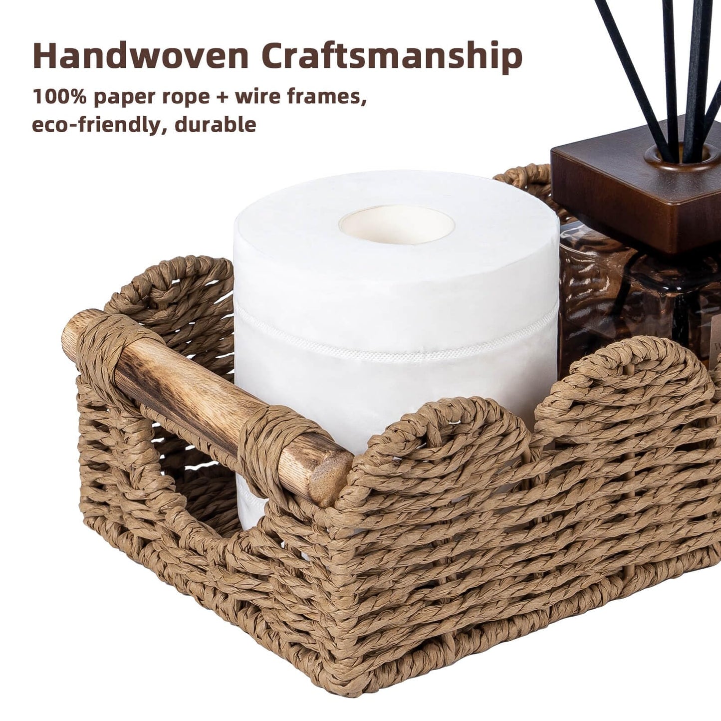 CubesLand Bathroom Basket Organizer w/Cut Out Handle, Back of Toilet Paper Storage Baskets Tray for Bathroom Countertop Decorative, Scalloped Wicker Basket Also for Home Decor, Living Room, Neutral