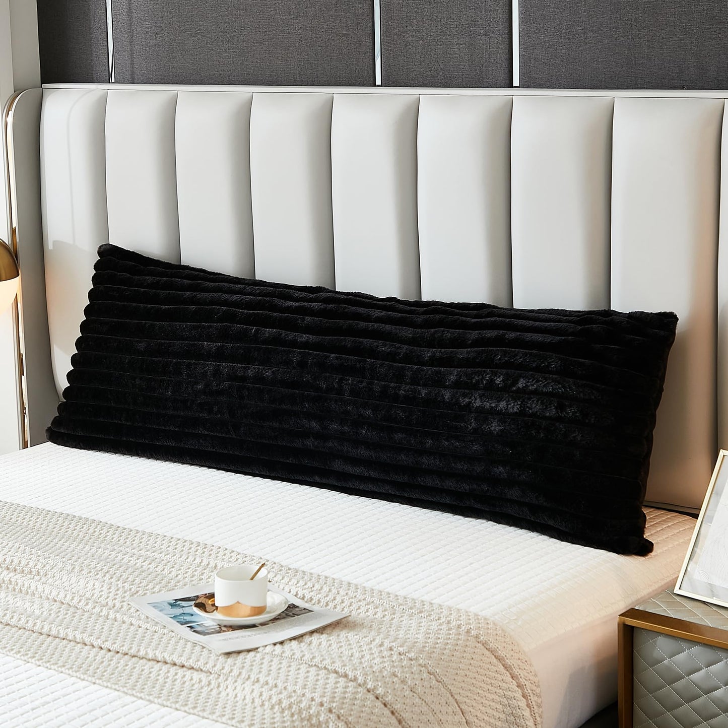 Uhamho Large Bed Body Pillow Cover 1 Pack Lumbar Striped Pillowcase Modern Home Decorative Soft Faux Rabbit Fur and Velvet Back 21x 54 Inches Zipper Closure, Black
