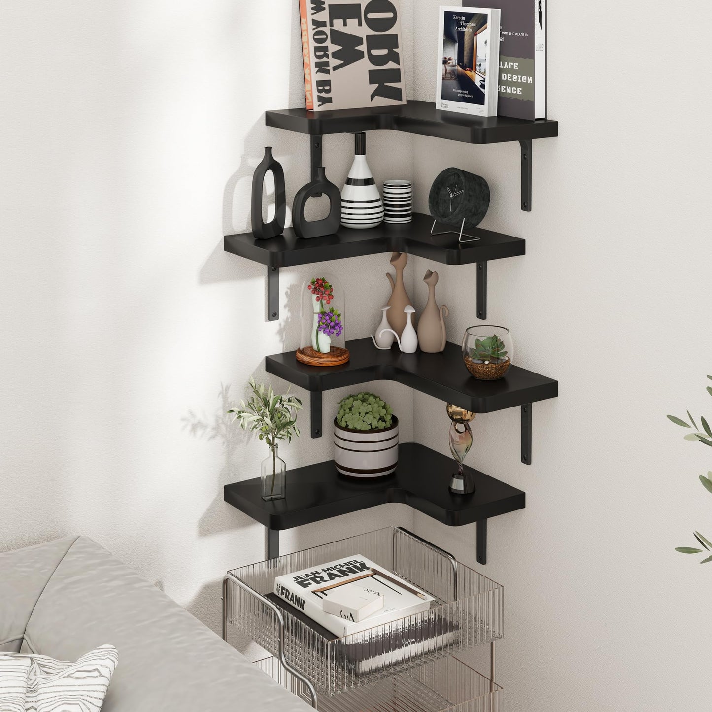 Venusmiles Corner Floating Shelves Set of 4, Wall Mounted L-Shaped Storage - Maximize Unused Corner Space in Bathroom, Kitchen, Bedroom, Office, Jet Black