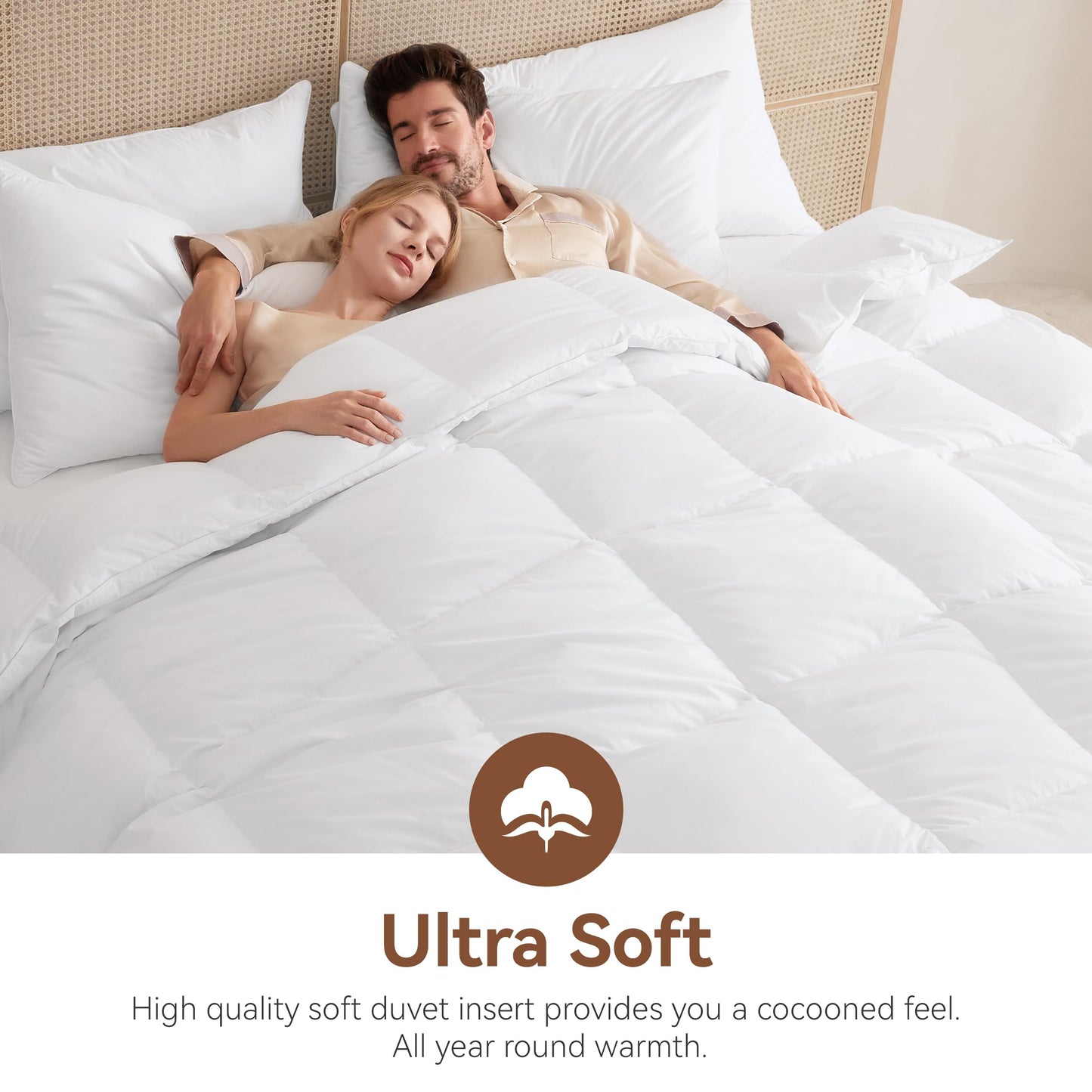 LeWinBedding Goose Feather Down Fiber Comforter Queen Size, All Season Duvet Insert, 750+FP Hotel Bed Comforter, Ultra Soft 100% Organic Cotton Fabric, 90x90 Inches