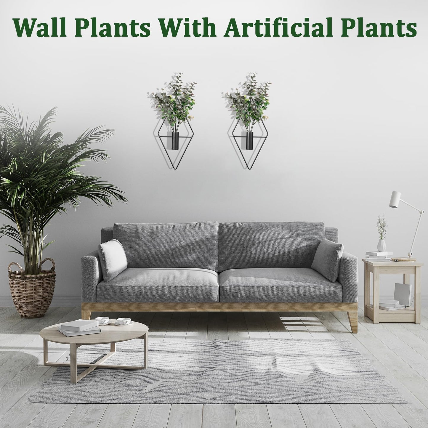 Mowouhn 2Pcs Hanging Planters with Artificial Eucalyptus Metal Hanging Vase,Indoor Plants Holder,Diamond Shape Wall Planter Holder,Modern Geometric Plants Hanging Wall Decor for Home Living Room