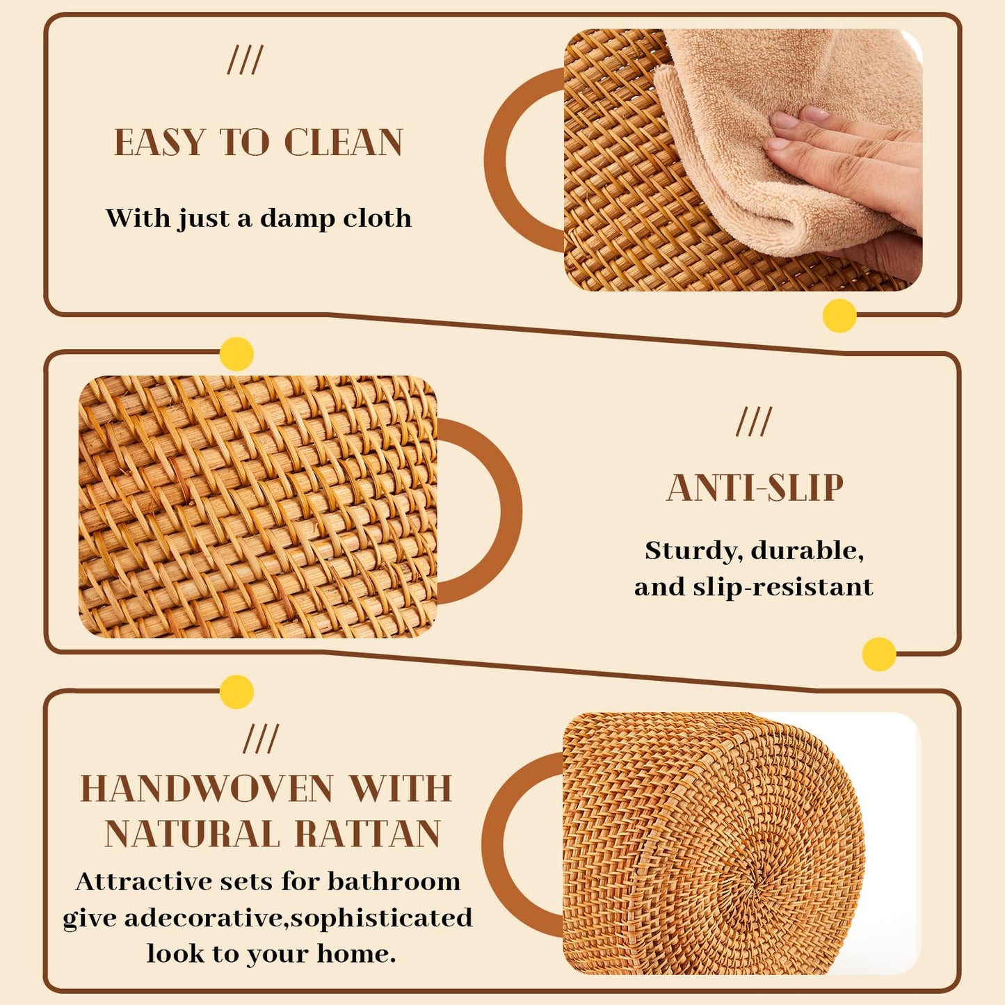 Teenyyou Log Color 2 Pcs Rattan Trash Can & Square Tissue Box Cover, Rattan Hand Woven Basket Set Wicker Bathroom Accessories for Bedroom Kitchen Office Organizer