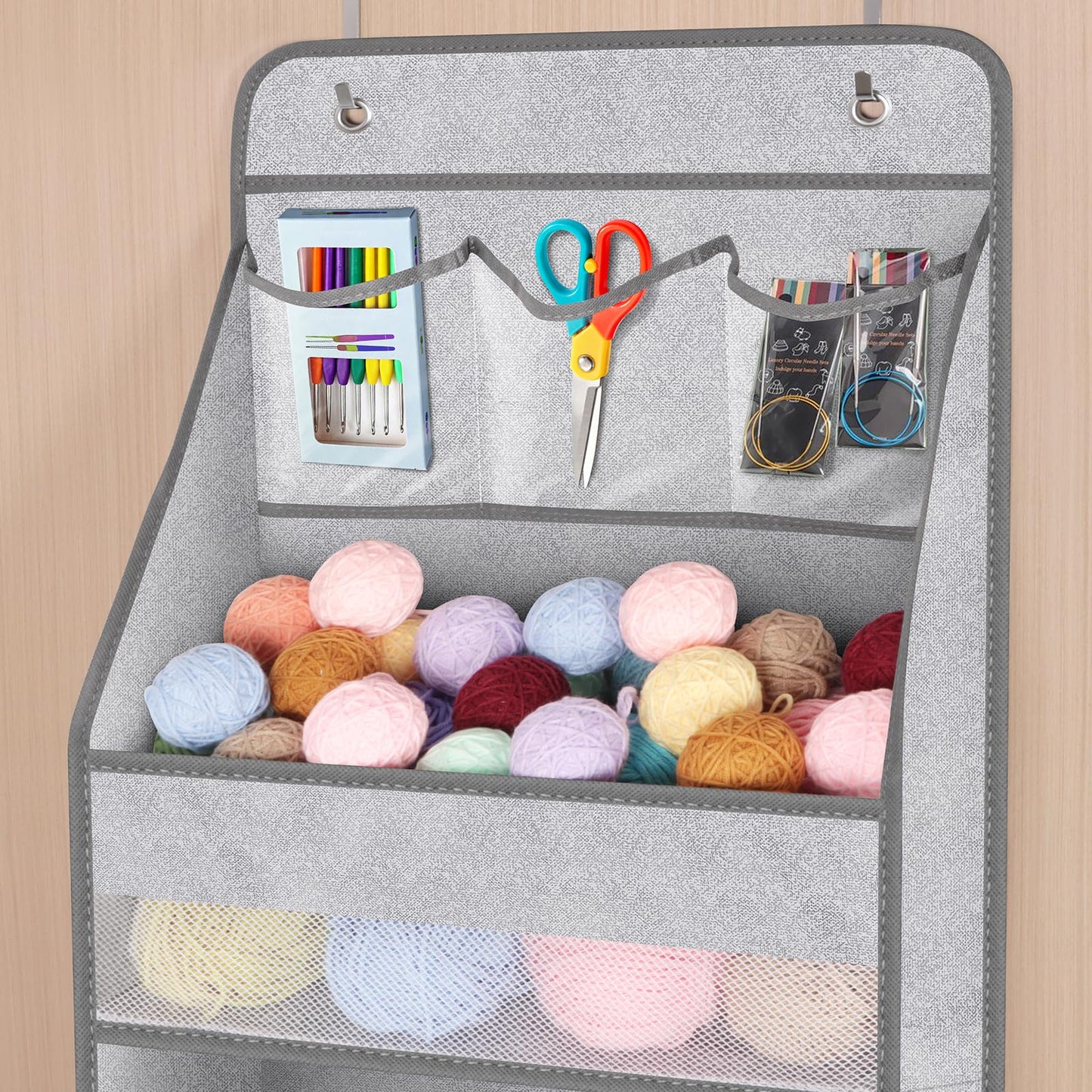 Univivi 6-Shelf Over Door Hanging Organizer Fabric Baby Door Storage with 5 Large Pockets and 3 Small PVC Pockets Wall Mount Hanging Storage Organizers for Baby Essential (Grey Pattern)