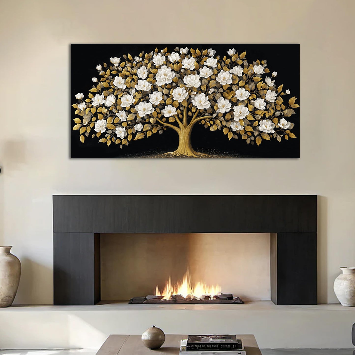 ORKARLUMENT Large Tree of Life Wall Art for Living Room Gold and White Floral Modern Artwork for Bedroom Office Canvas Prints 20"x40"
