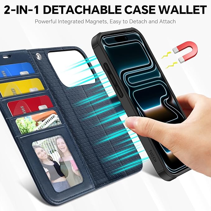 TUCCH 2-in-1 Detachable Wallet Case for iPhone 17 Pro (6.3-inch) 2025, RFID Blocking | 4 Card Holders | Wireless Charging | Wrist Strap | Kickstand | Magnetic | PU Leather Protective Cover | Dark Blue