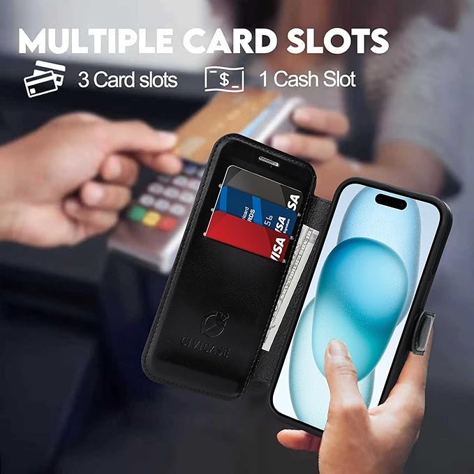 CIVICASE for iPhone 15 Pro Wallet Case with Stand,PU Leather Flip Credit Card Holder Slots (RFID Blocking),Compatible with Magsafe Magnetic Holder Phone Cover Women Men,Black